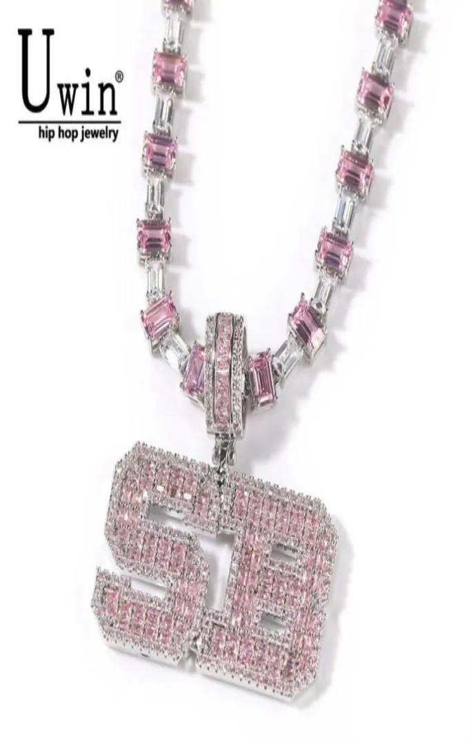 Uwin Pink Baguette Letters Custom Name Necklace Pendant With Heart Tennis Chain or baguetter chain Iced Out Personalized Jewelry 21087421
