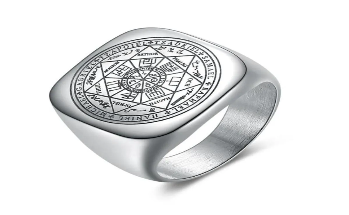 Solomon Rings for Men Silver Color Magic Runes in acciaio inossidabile Anelli di Signet Pagan Amulet Male Gioielli95552284