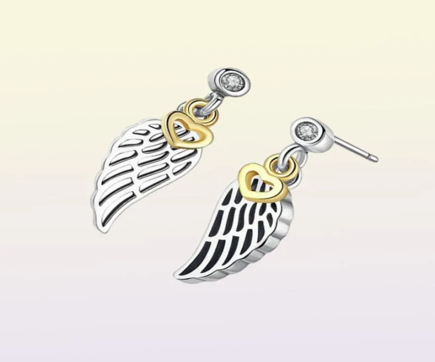 Nouveau authentique 925 Sterling Silver Ailes Pendants Boucles d'oreilles Ensemble Boîte d'oreille d'oreille pour la plume de plumes de diamant CZ pour femmes9972589