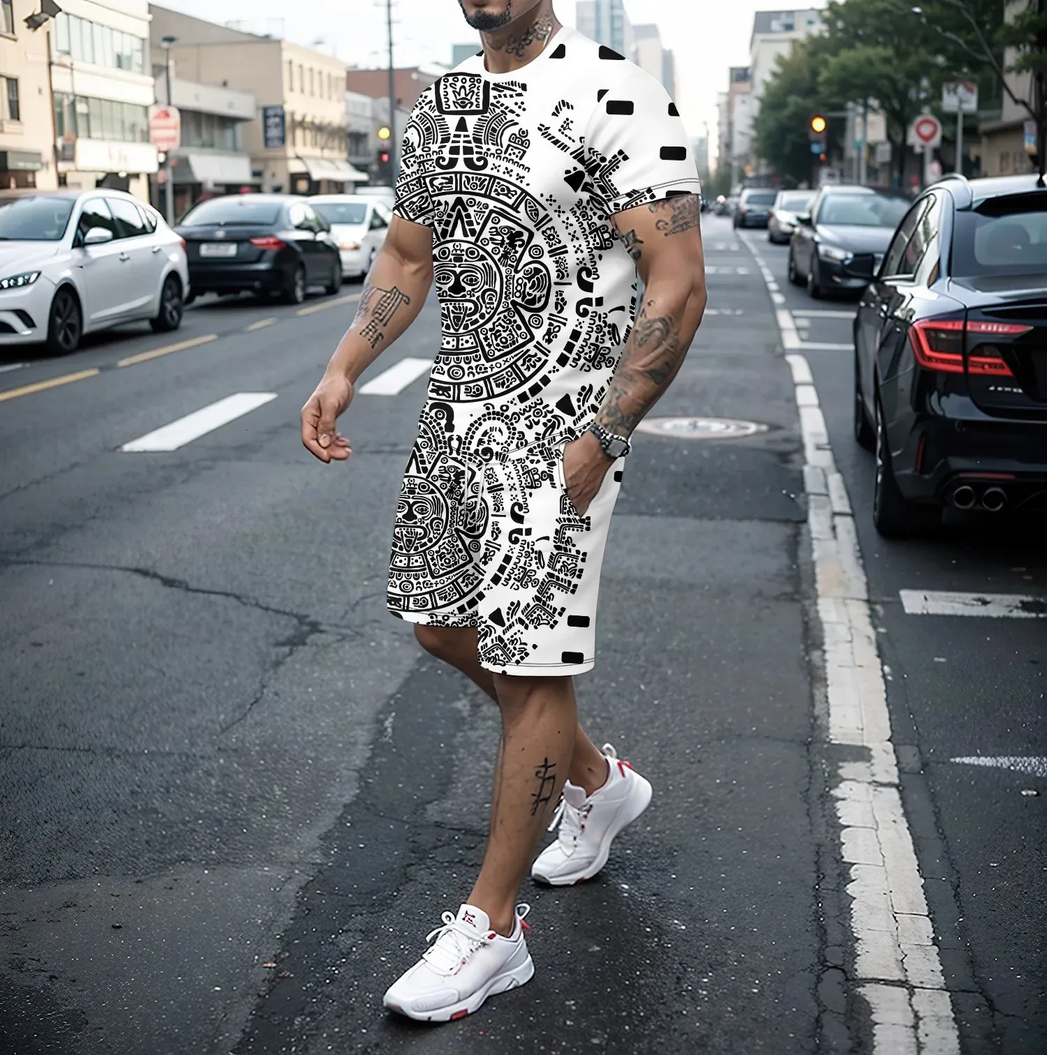 De nieuwste twopeage heren 3D -geprinte korte mouwen t -shirt en shorts set zomer comfortabele hiphop sportkleding voor straatkleding 240510