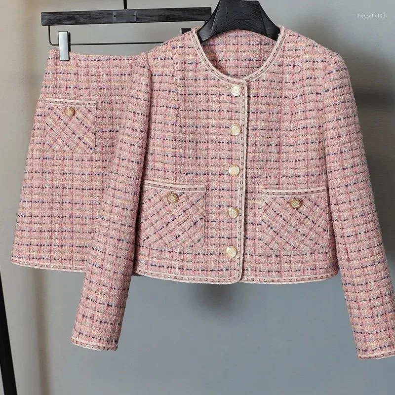 Abiti da lavoro Donne Tweed 2 pezzi Set di giacche eleganti per maniche lunghe vintage Coat mini gonna mini gigia set da ufficio autunno inverno