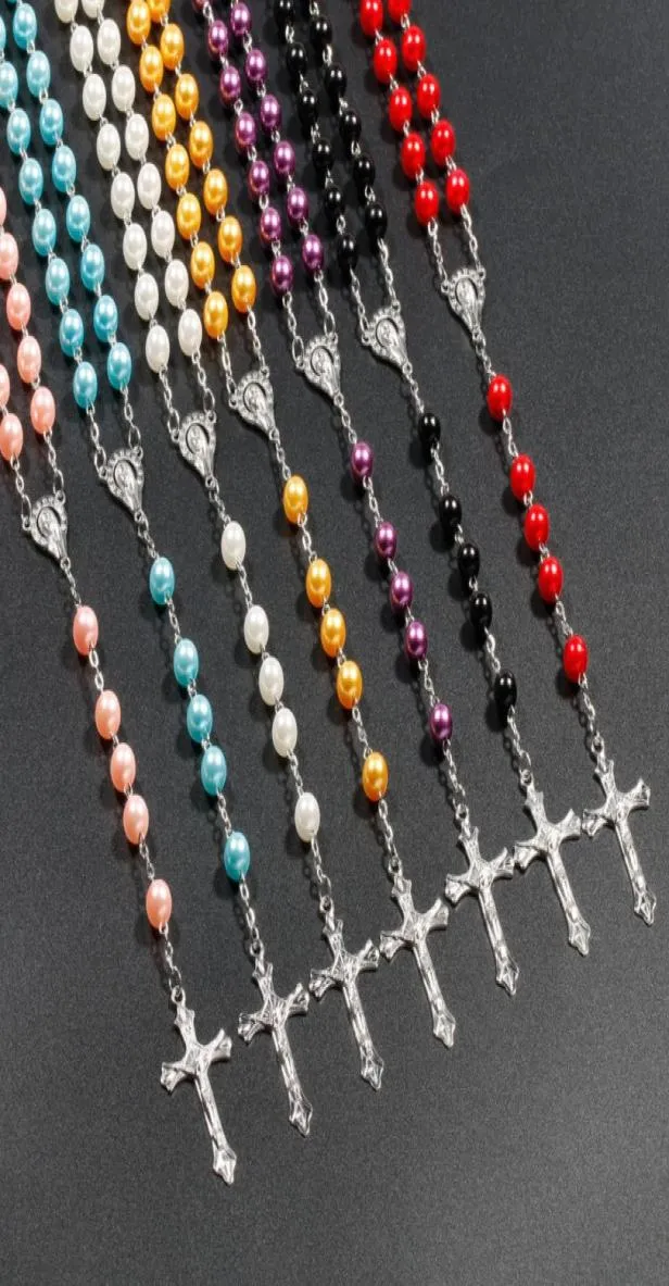 7 färger religiösa katolska radbandhalsband Jesus korsa hängen långa 8mm pärlkedjor för kvinnor män kristna smycken gåva5361042
