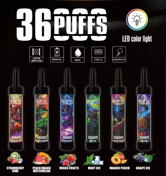 Bang 36000 bouffant vape jetable rechargeable e cigarettes bobine en maille 40 ml bouffée e-liquide 36k Vaper 0% 2% 3% 5% Big Puff Disposable électronique Cigarette LED Light