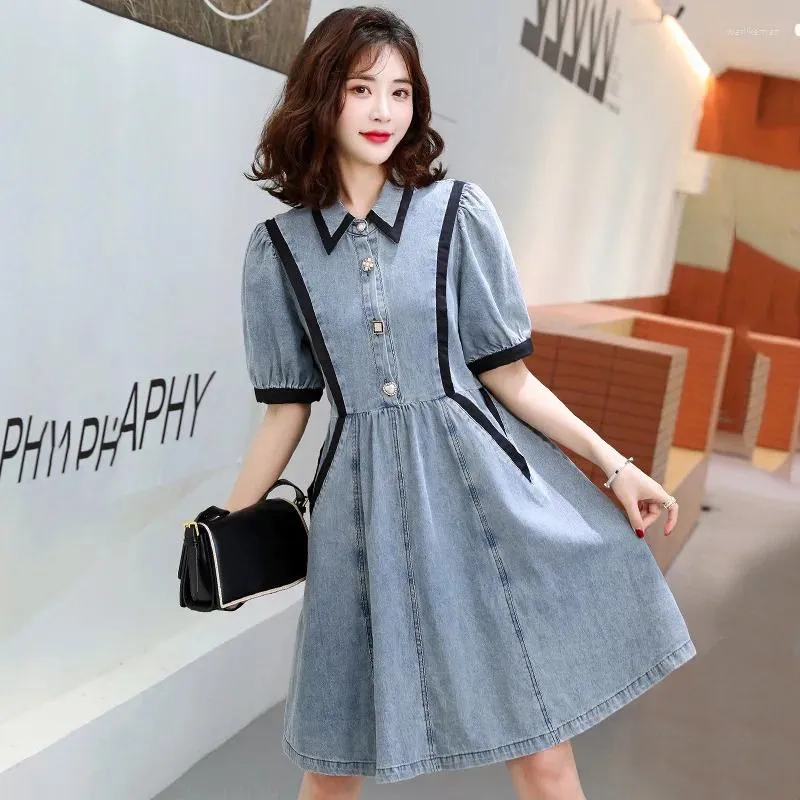 Party Dresses Fashion Women Denim Dress 2024 Summer Short Sleeve Turn Down Collar A Line Female Loose Jean Frock