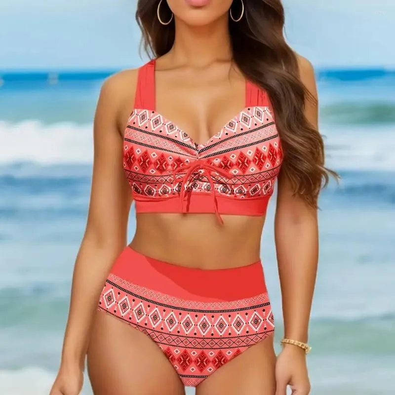 Les maillots de bain féminins flattent du bikini taille haute et rétro imprimé avec un soutien-gorge en V-taille haute au large de la taille de l'épaule de la plage de Bow Beach pour les femmes