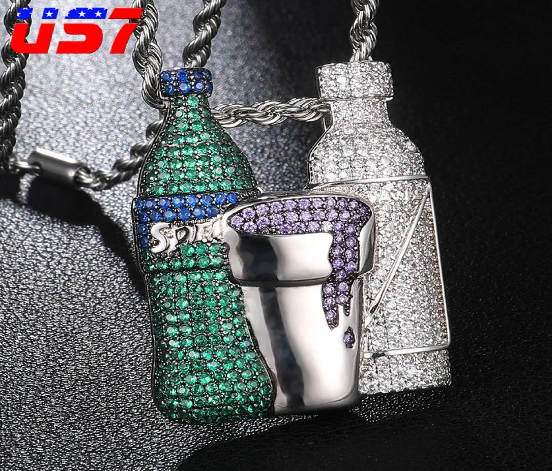 US7 Iced Out Sprite Bottle Tazza di pendenti Collane Crystal Zircone Shiny Wine Bottle Collana Hip Hop Bling Rapper Gioielli9269697