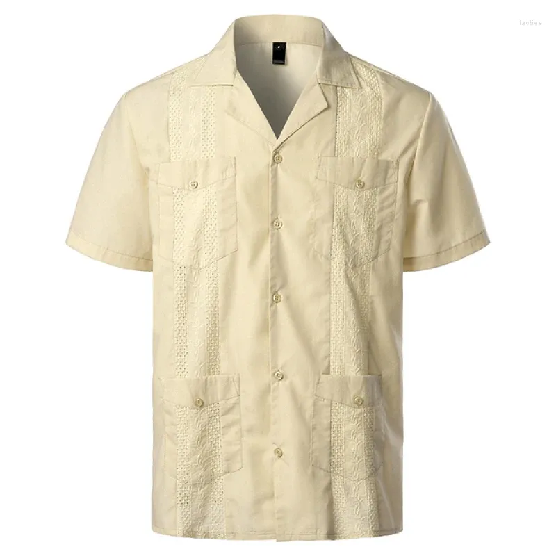 Camicie casual maschile tradizionale cample cubano colletto guayabera manica corta ricamata in stile caraibico messicano con 4 tasca