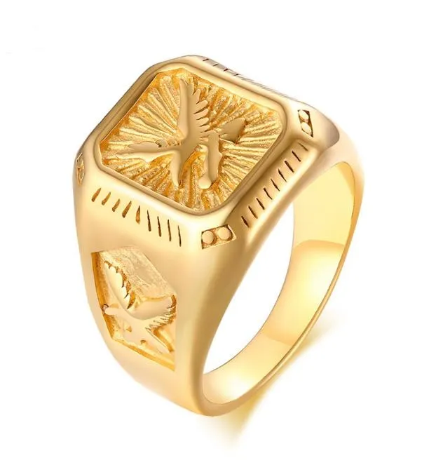 Gold Color Fashion Simple Men039s Anneaux en acier inoxydable Eagle Ring Jewelry Gift for Men Boys J4368235181