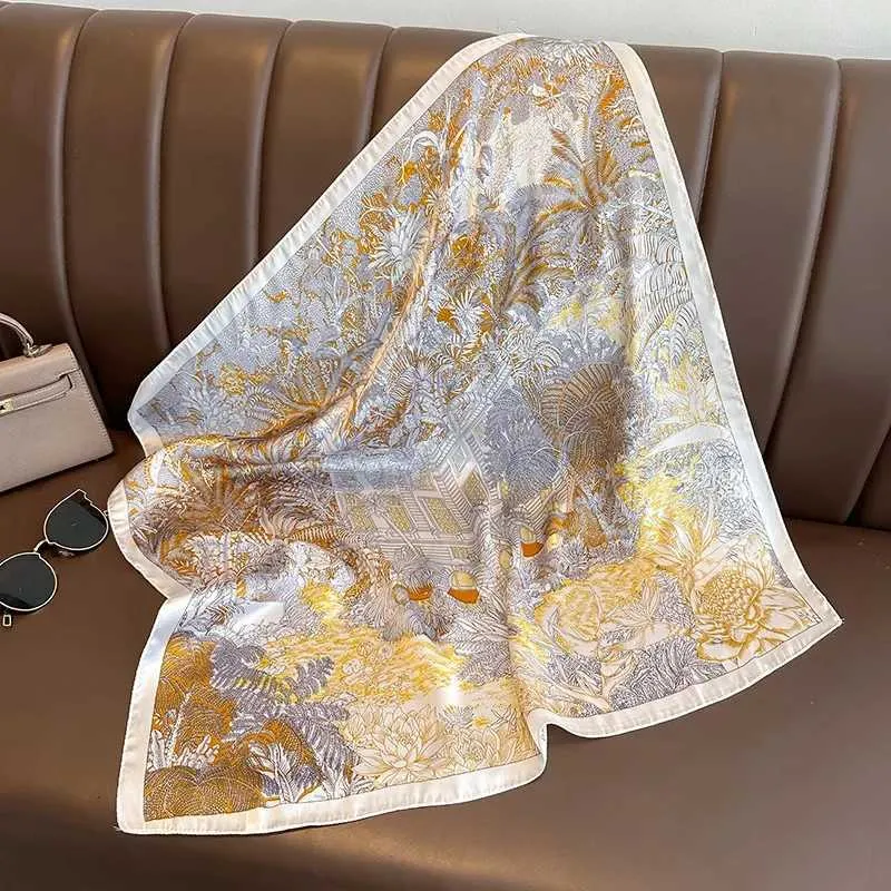 Halsdukar lyxig silke touch fyrkantig halsduk kvinnor 2023 tryckt satin halsring fjäder pannband foulard bandana echarpe slips shawl väska q240509