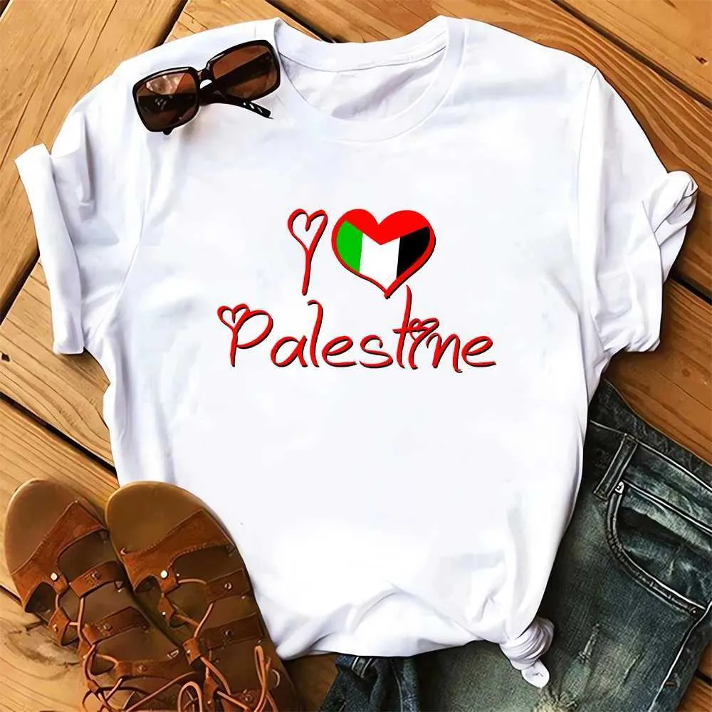 Женская футболка HX Palestine Flag футболка I Love Palestine Print Cotton Fut Fort Короткая серебряная рубашка Мужская суда прямая доставка Y240506