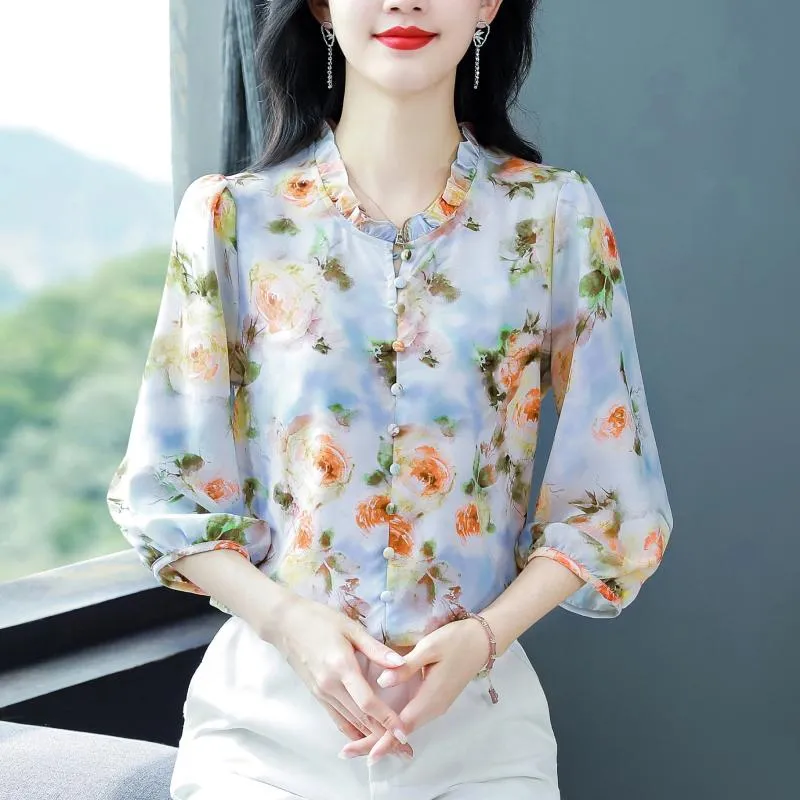 Ruffle Chiffon Blouse: Womens Summer Loose Fit Top With