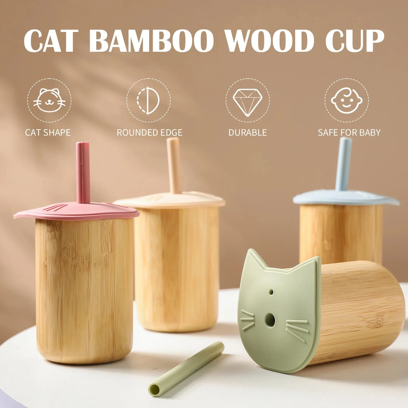 Bopoobo Baby Nourning Cup Silicone Paille Casse BPA BPA Free Détachement Bamboo Wooden Cup Kid Learning Cup Children Soft Straw Cup 240510