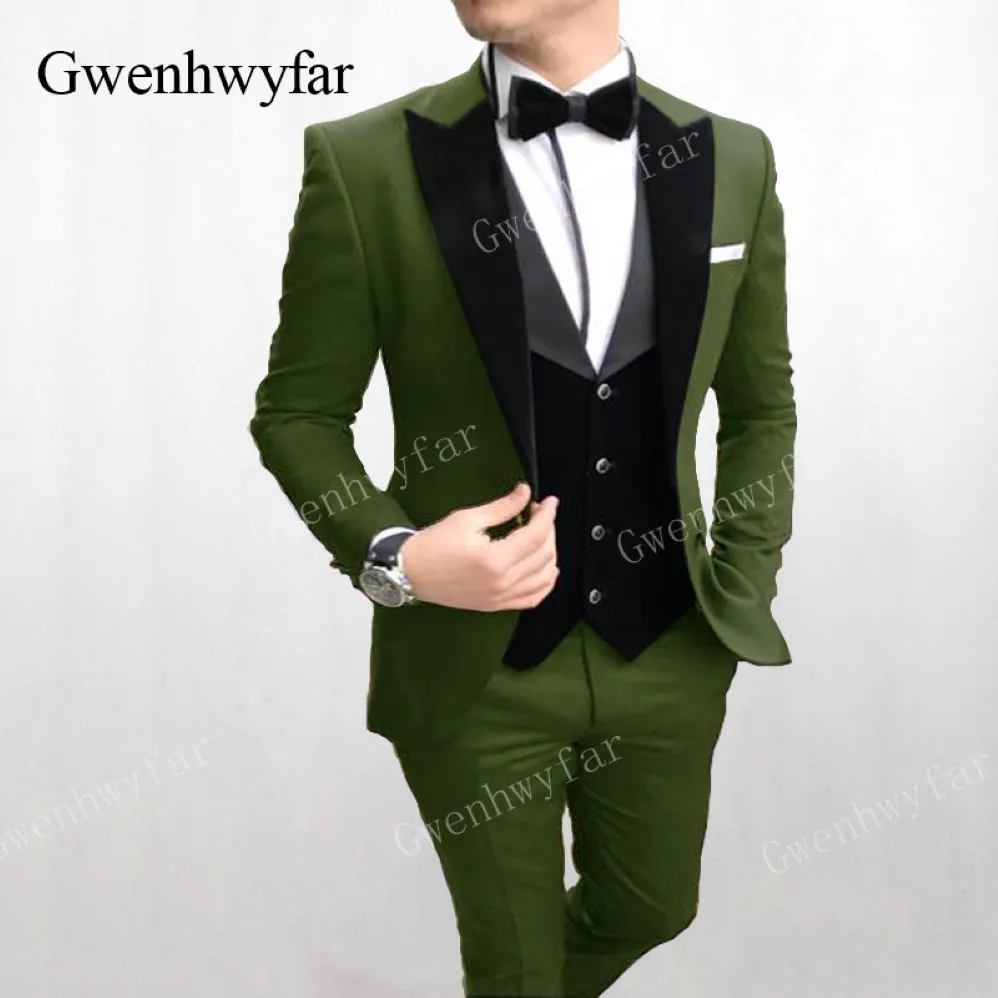 Gwenhwyfar formale Männer Anzüge Armee Green 2019 Slim Fit Velvet Revers Bräutigam Anzug Herren Tuxedo Blazer Hochzeitsanzüge 3 Stücke 178o