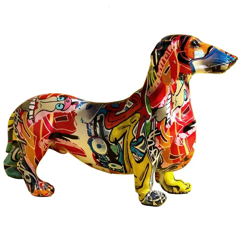 Statue Figur Skulptur Home Office Tisch Desktop Dekor Ornamente Nordic Moderne farbenfrohe Graffiti -Stil gestrichener Hund Dachshund 240430