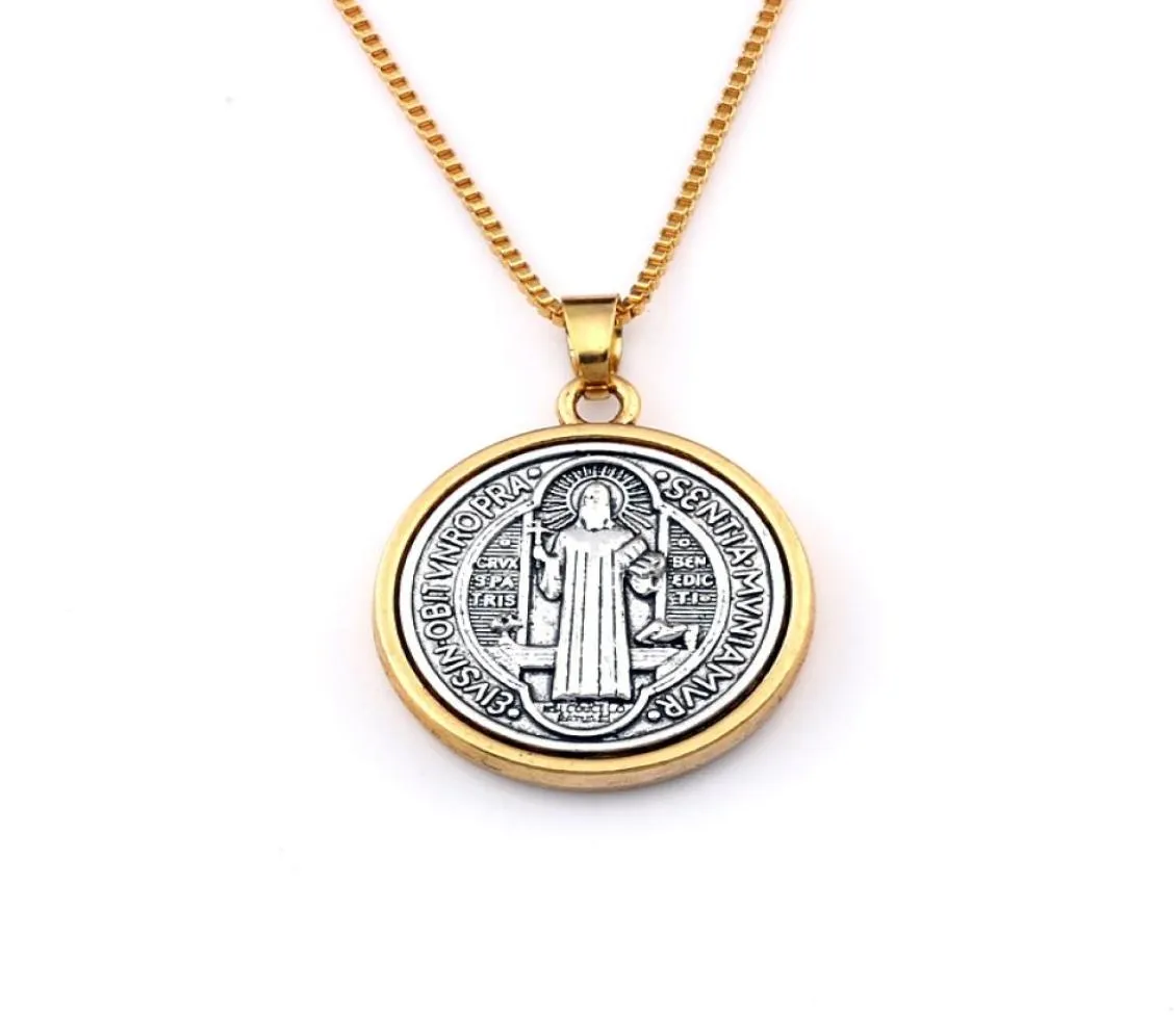 10pcs / lots Antique Gold St Benoît Médaille Colliers Pendant pour les accessoires de mode de bijoux masculins 23.6 pouces A-557D1297019