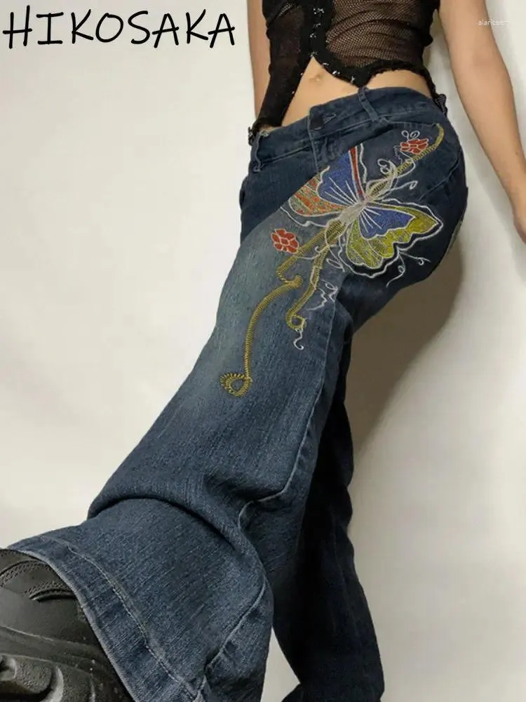 Women's Jeans Low Waisted Butterfly Embroidery Distressed Patch Work Casaul Y2k Pants Fairy Grunge Fashion All-match Pantalon 2000s