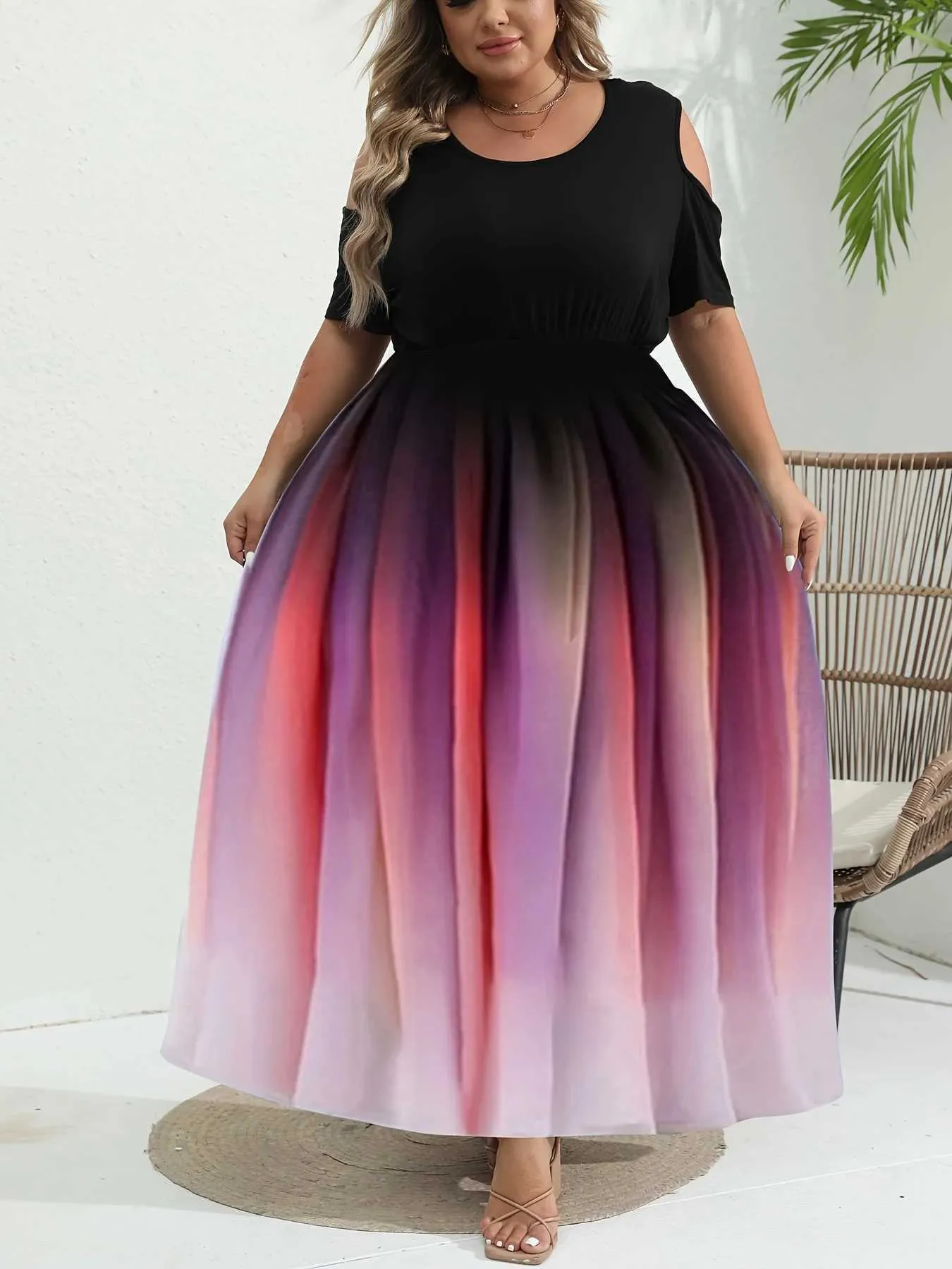 Plus size jurken plus size dames mode zomerjurk casual off schouder korte sleve jurk dames mode elegante geleidelijke kleuren feestjurk y240510