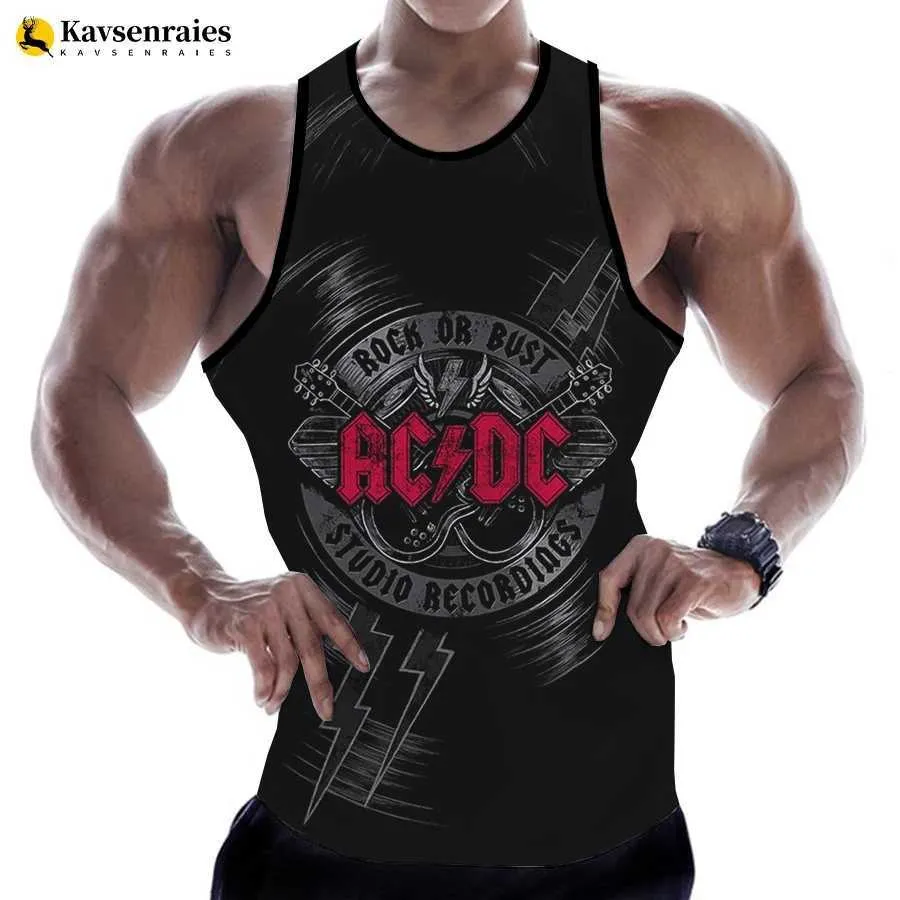 Débardeur masculin 2023 Nouvelle lettre de rock à la mode 3D débardeur imprimé pour hommes Vêtements Summer Casual AC DC Shirts sans mousque
