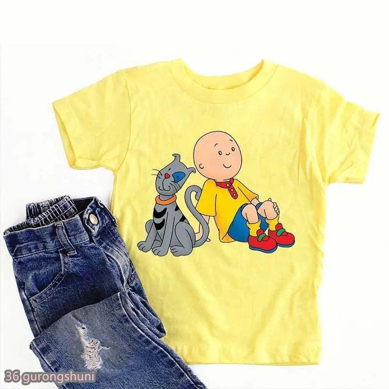 T-Shirts Yeni Sıcak Satış Bebek T-Shirt Sevimli Caillou ve Köpek Karikatür Baskılı Erkek Tişört Moda Günlük Çocuk Giyim T-Shirt Beyaz Gömlek2405