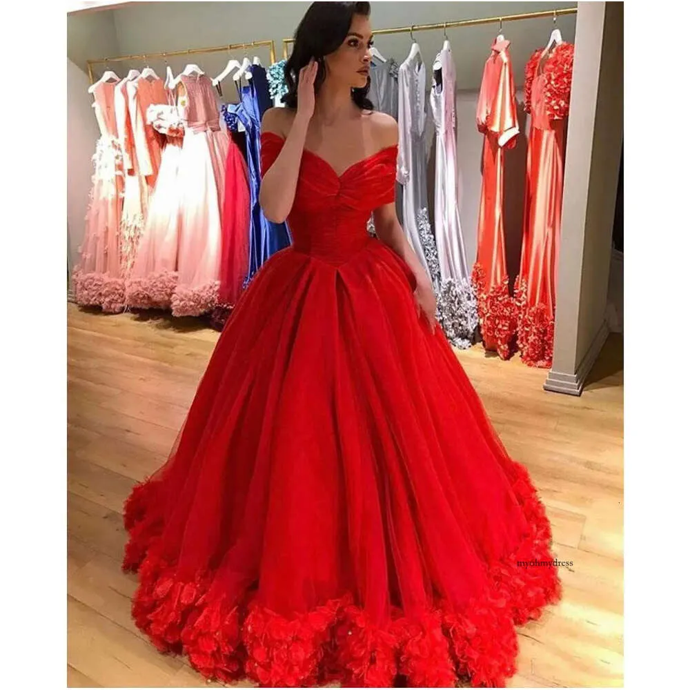 Elegant Red 3D Floral Applique Evening Dresses Evening Wear 2019 Prom Dress Off The Shoulder Women Formal Party Gowns Robe De Soiree 0510
