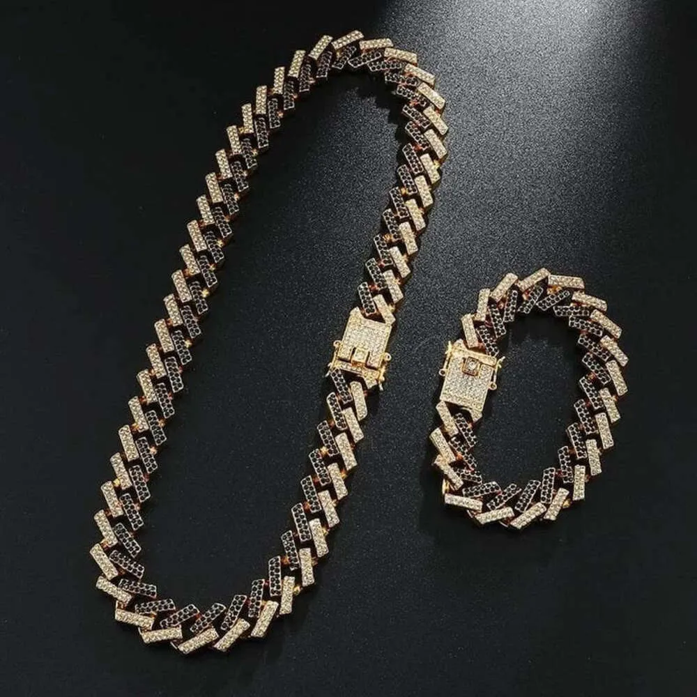 Hiphop Cuban Chain 925 STERLING Silver 14 mm Bracelet à deux tons et collier Gold plaqué Iced Out VVS Moisanite Link