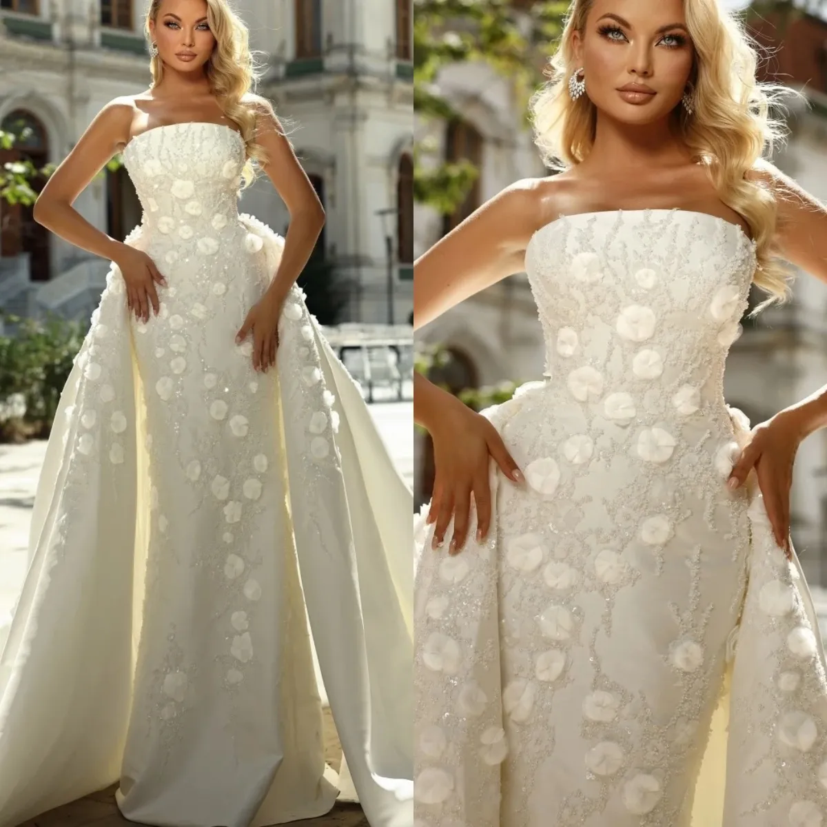 Romantische trägerlose Hochzeitskleider 3D Applique Pailletten Meerjungfrau Brautkleider mit Überträgen maßgeschneiderte Brautkleid Vestidos de Novia