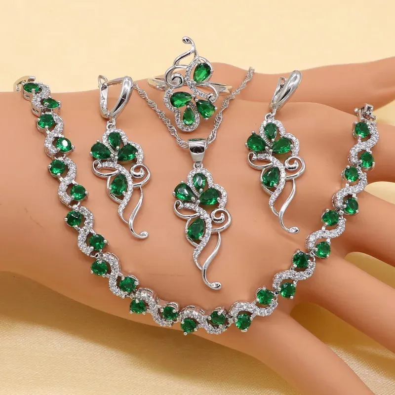 925 Sterling Silver Green Stones Cubic Zirconia sieradensets voor dames oorschangspendantnecklaceringbracelet 240506