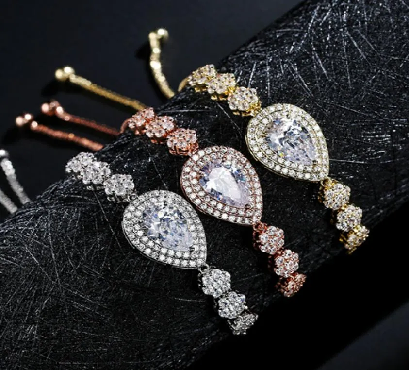 Alta qualidade 14k ouro rosa rosa cz cubic zircon goto de água floral bracelete ajustável Bling Jewelry Gifts F8207583
