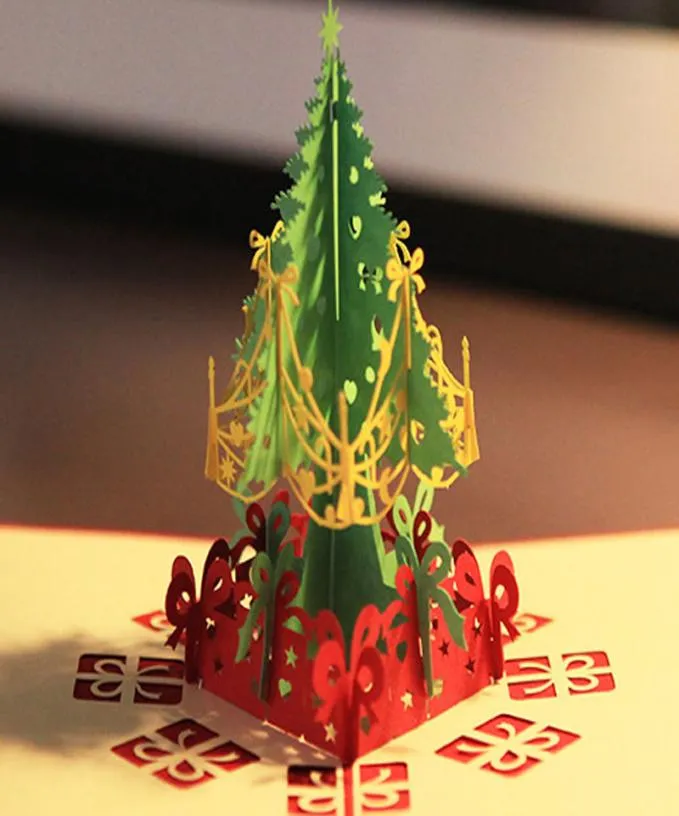 Creatieve 3D Pop -Up kerstboom Handgemaakte rode kleur wenskaarten Kerst Decor Feestelijk feestevenement Supplies6906994