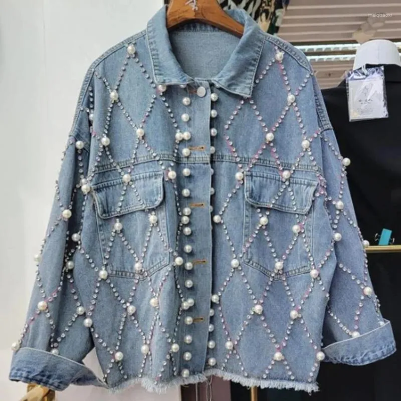 Jackets femininos vintage azul pesado trabalho diamantes de jeans miçanos femininos soltos casuais cowboy de caça -mira coreana de manga longa