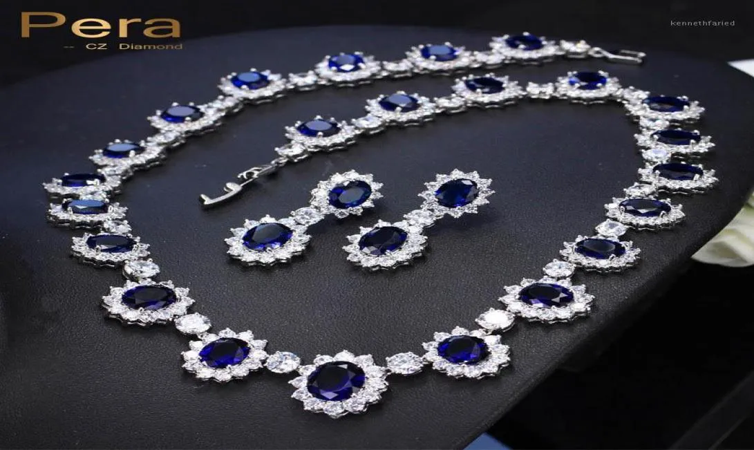 Pera CZ Big Round Round Cubic Zirconia Matrimonio da sposa Collana in pietra blu reale e orecchini Set di gioielli per le spose J12613623063