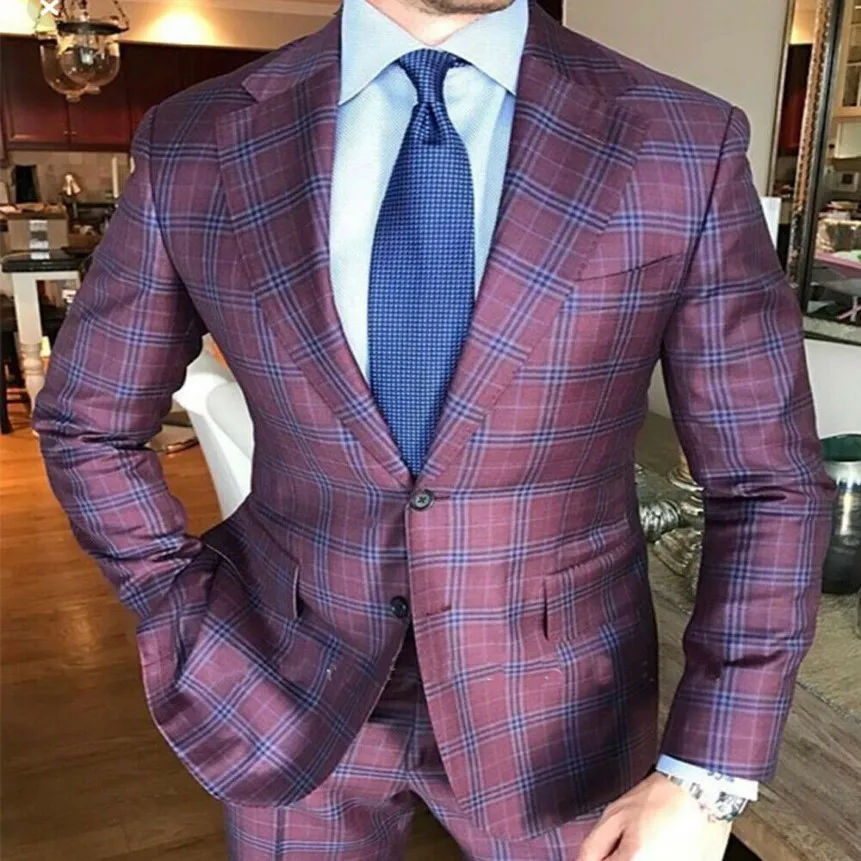 Laine de laine masculine Classic Ferme de mariage Fichement de mariage 2 pièces du marié Wear Business Office Check Tuxedos Prom Party Blazerjacket Pants 279C