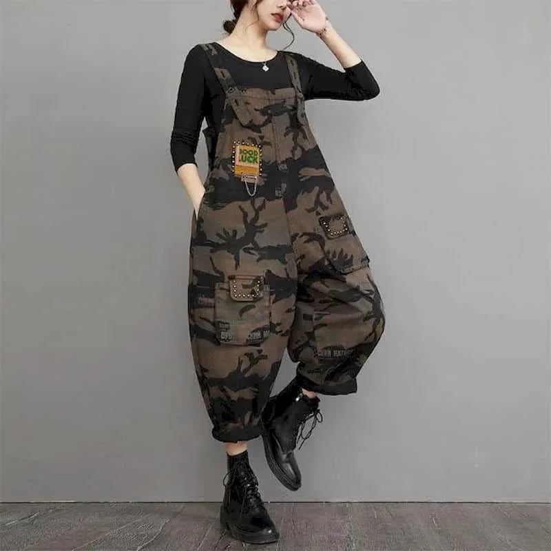 Women's Jumpsuits Rompers Denim Jumpsuits for Women Large Size One Piece Outfit Women Camouflage Romper Loose Korean Fashion Pocket Casual Vintage Pants Y240510