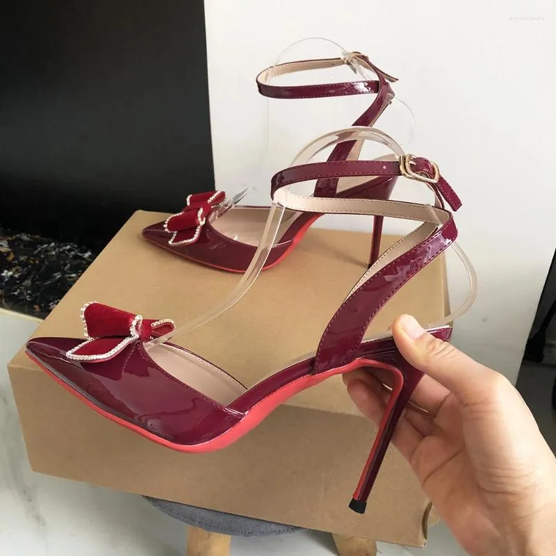 Dress Shoes Heelgoo Designer Wine Red met boog hoge hak sandalen dames sexy puntige teen backless enkelband stiletto pompen 12 cm 10 cm 8 cm 8 cm