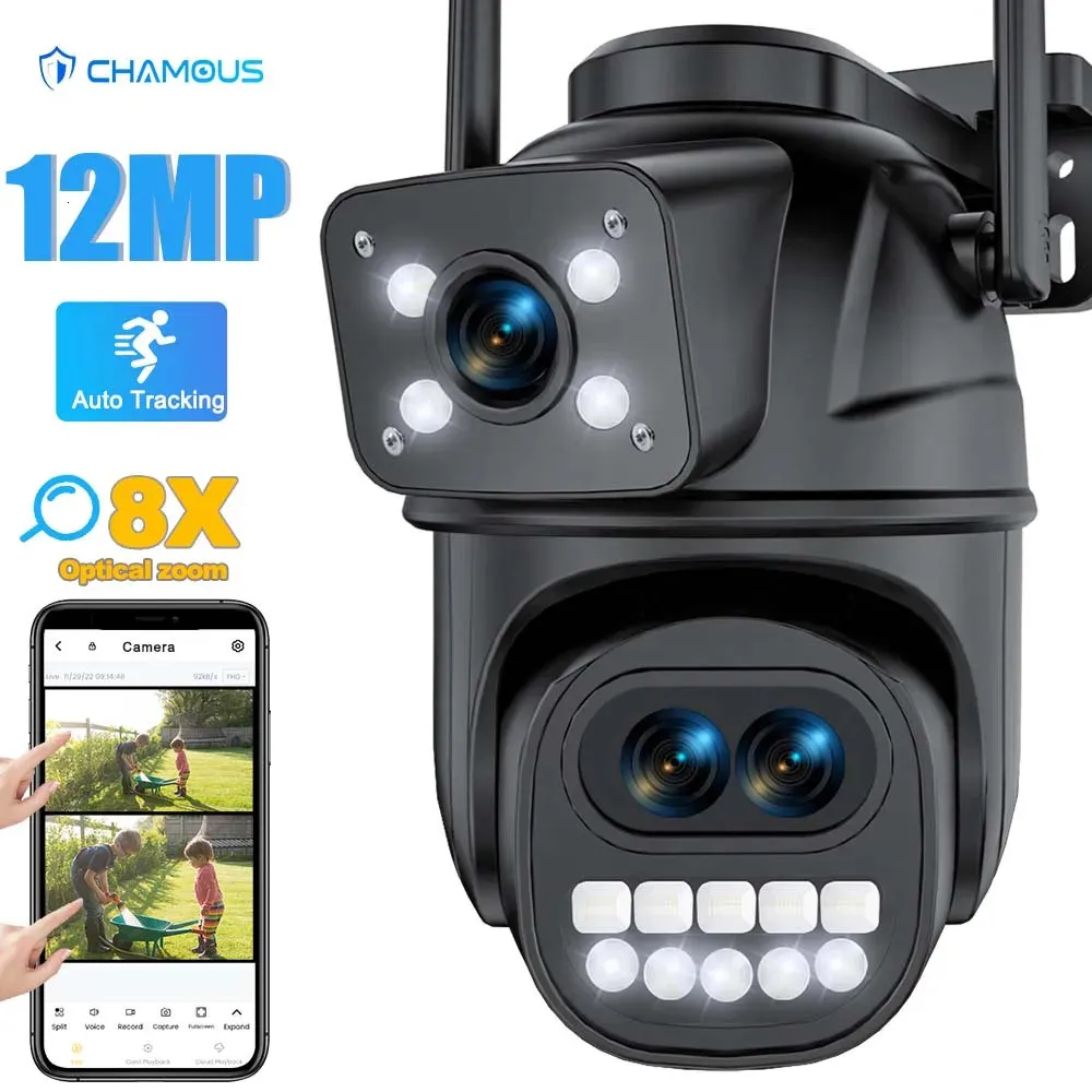 12MP 6K WiFi Kamera Açık Üç Lens Çift Ekran 8x Zoom CCTV Mini Video Cam Otomatik İzleme Güvenlik Koruma Gözetim 240506