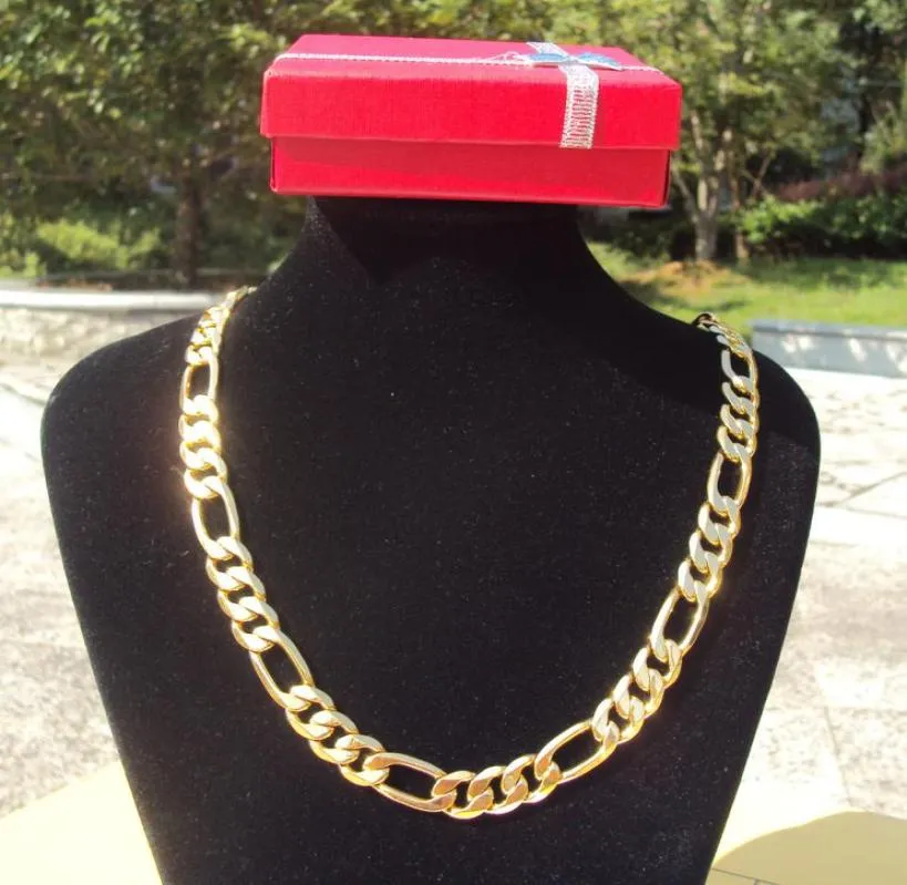 18k Solid Gold Plated AUTHENTIC FINISH 18k stamped 10mm fine Figaro Chain necklace Men039s Made In 600mm1807146