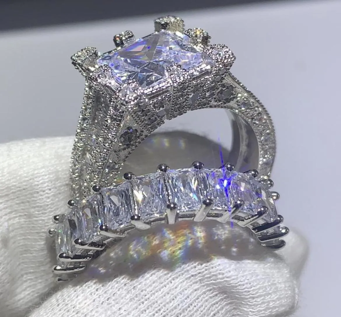 WholeBrand New Vintage Fashion Jewelry 925 Sterling Silver Princess Cut White Topaz CZ Diamond Women Wedding Bridal Ring Set 8716858