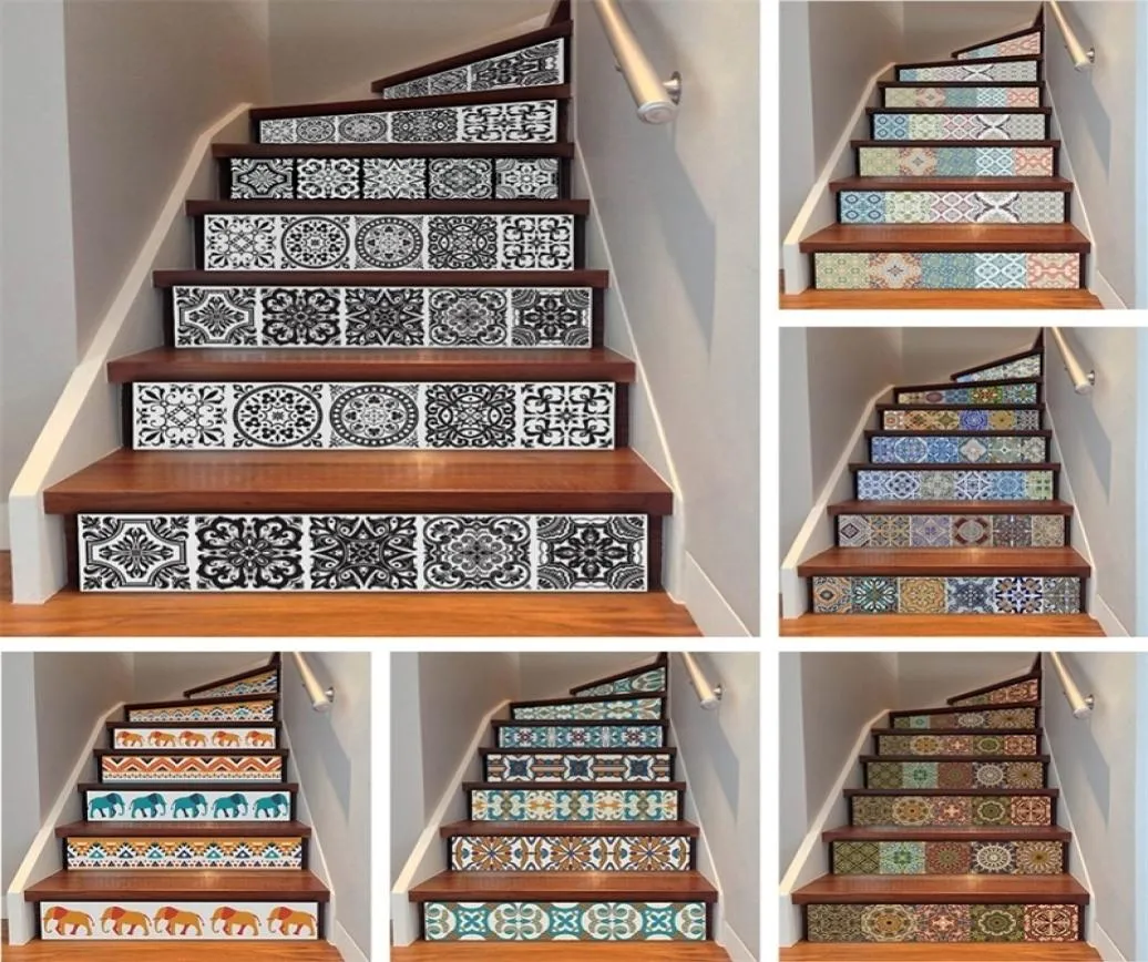 Yazi 6pcs étape amovible escaliers auto-adhésifs autocollants carreaux de céramique PVC Escalier papier peint décale d'escalier décor 18x100cm 2012015150155