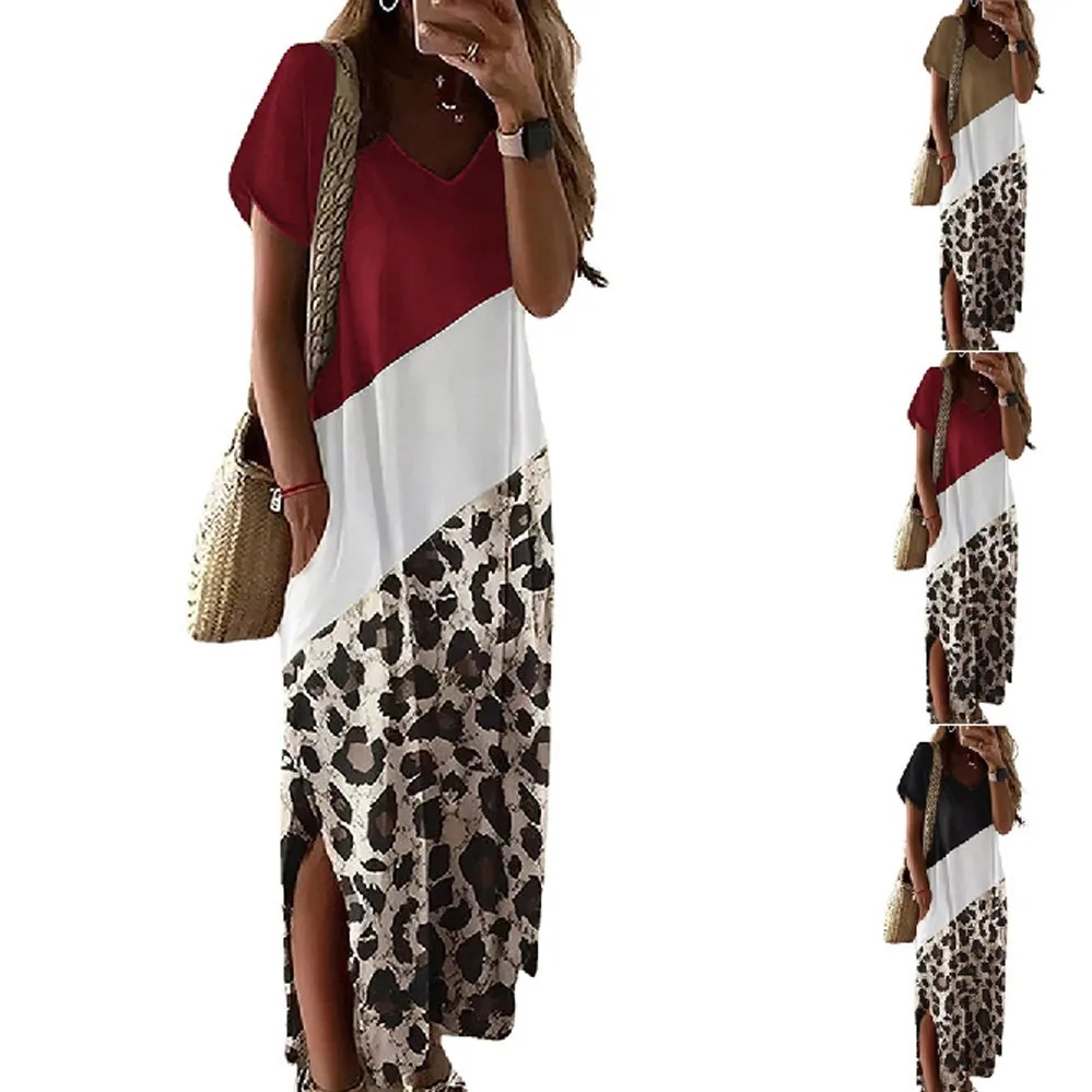 Новая женская мода-мода леопардового принта сплайсинговой боковой футболок длинное платье модное черно-белое платье с круглой шеей без усилий показывает повседневное очарование AST89139