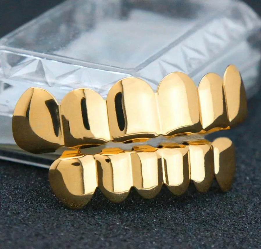 Mode hiphop rapper echte gouden verzilverde tanden grillz ingesteld voor mannen vrouwen blingen tanden grills van hoge kwaliteit4812702