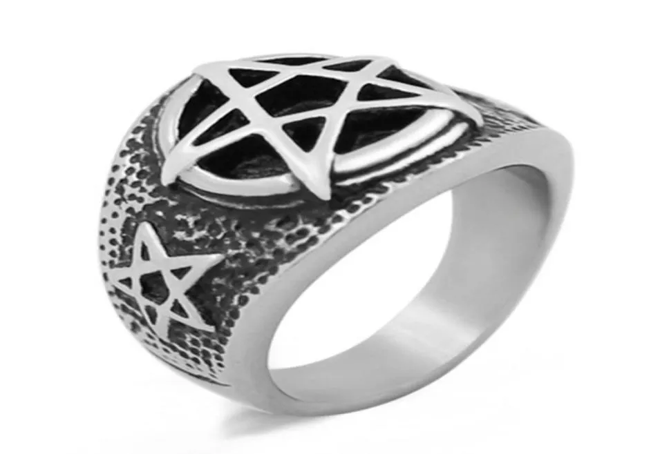 Gothic Punk Satan omgekeerde Pentagram Satanic Symbool 316L Roestvrij staal Mens Women Fashion Ring Vintage Biker FivePointed Star R2699678