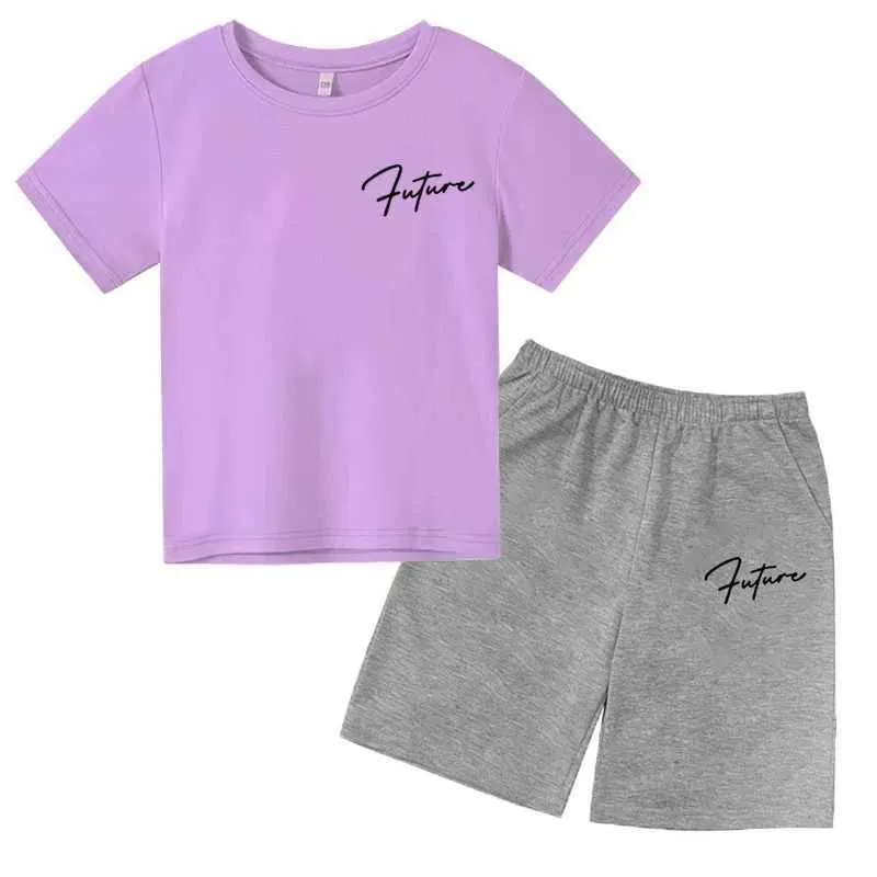 Kledingsets eenvoudige printen Childrens Summer Fashion Casual T-Shirt Set 2024 Nieuw letterpatroon O-Neck T-shirt shorts 2-delige SETL2405