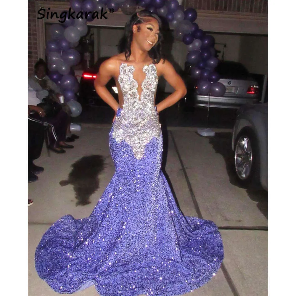 Sparkly Lavender Purple Long Prom Dress 2024 Pärlor Kristaller Rhinestones Sequin Glitter födelsedagsfest Special Reception Robe