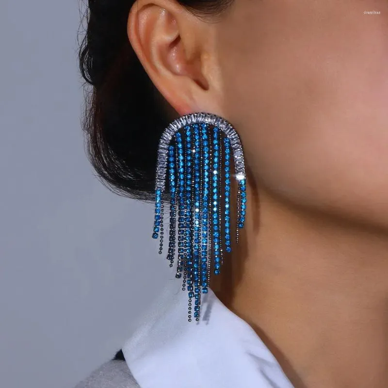 Dange oorbellen mode geometrische lange kwastje voor vrouwen blauwe sparkle strass druppel bruiloft statement sieraden cadeau ins