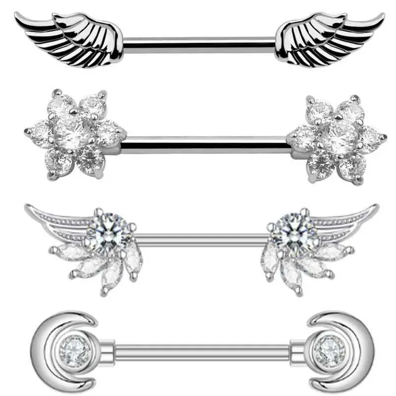 Anneaux de mamelon 2pcs Zircon de haute qualité et ailes d'ange Plume Angel ailes de carrosseme mamelon bijoux femmes Barbell Couverture mammaire bijoux Y240510