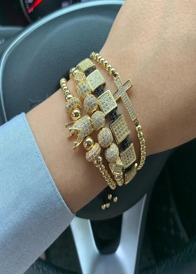4pcs/Set Luxury Cz Gold Crown Charm Bracelet Stacks Стеки медных бусин макраме браслеты для мужских аксессуаров LJ2003233188824