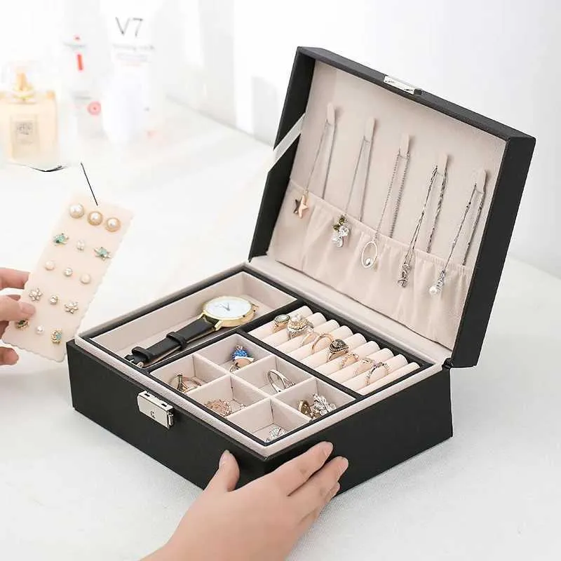 Caixas de jóias caixas de jóias de jóias de madeira de camada dupla caixas de jóias e embalagens com organizador de armazenamento de jóias de couro PU e caixa de maquiagem