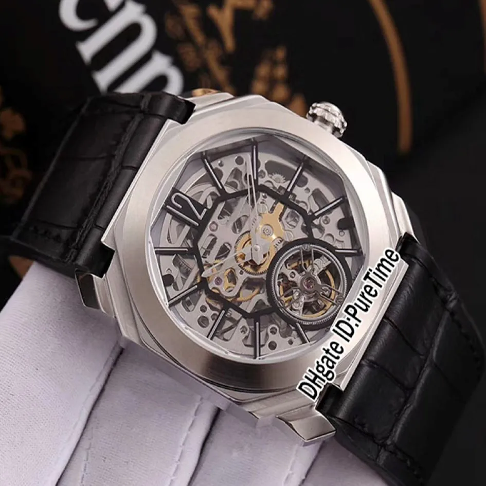 新しい42mm Octo Finissimo Tourbillon 102946 Steel Case Skeleton Dial Mechanical Automatic Mens Watch Sports Leather 3 Styles Watches BGT0 272S