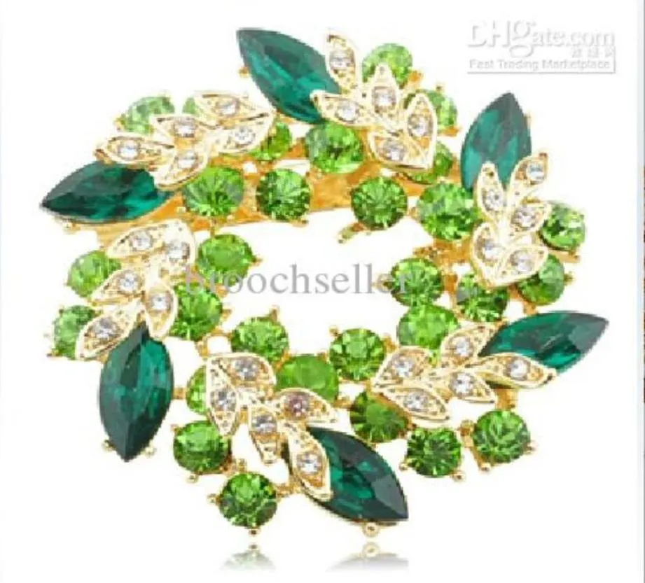 2 Inch Gold Plated Green and Lime Rhinestone Crystal Wreath Flower Brooch7204859