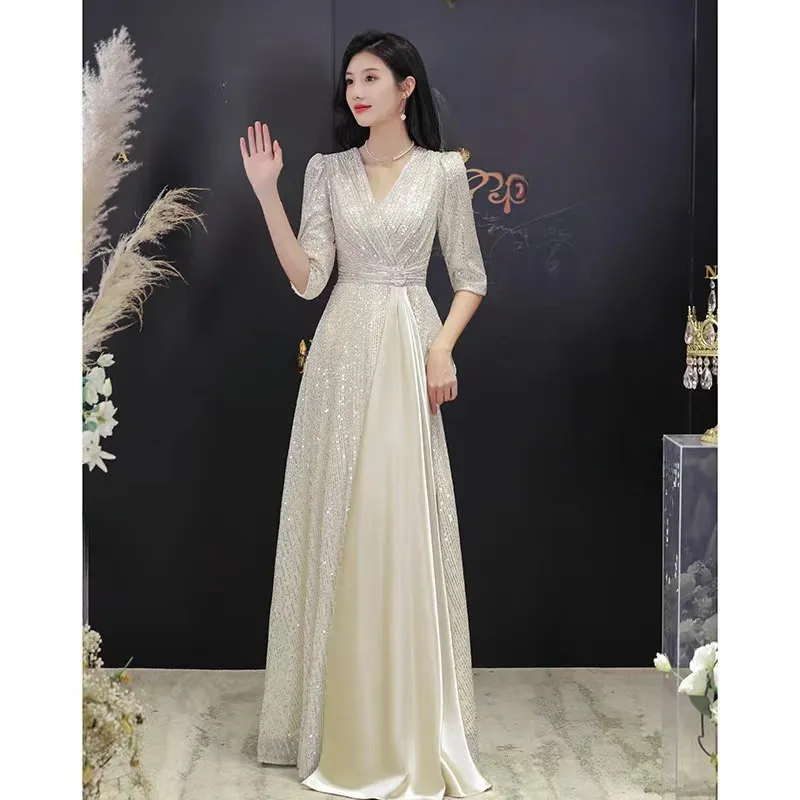 Champagne Mother of the Bride Dress Black V Neck Sequined 2019 Spring  Summer Plus Size